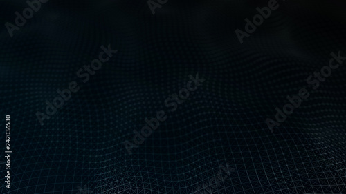 Digital data visualization. cybernetic particles. Low poly mesh. Flow. Wave. Abstract polygonal low poly wave background with connecting dots and lines. 3D rendering.