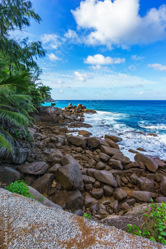 Granite rocks on a rough coast of the ocean, anse bazarca, seychelles 2