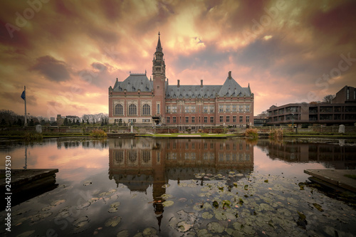 THE HAGUE, 3 December 2018 - Autumnal garden view of the Peace Palace, seat of the International Court of Justice in The Hague, Netherlands photo