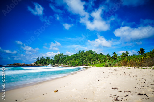 beautiful paradise tropical beach,palms,rocks,white sand,turquoise water, seychelles 10