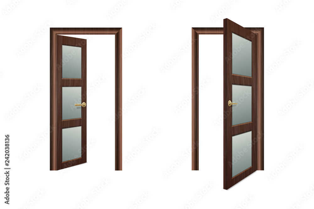 Vector Realistic Different Opened and Closed White Wooden Door Icon Set Closeup Isolated on Brown Background. Elements of Architecture. Design template of Classic Home Door for Graphics. Front View Vector Realistic Different Opened and Closed White Wooden Door Icon Set Closeup Isolated on Brown Background. Elements of Architecture. Design template of Classic Home Door for Graphics. Front View