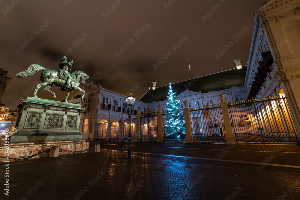 Obraz premium Christmas tree in the Dutch king and queen residence at night, in The Hague where they celebrate the opening of the parliament in September, Netherlands.