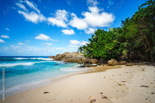 beautiful paradise tropical beach,palms,rocks,white sand,turquoise water, seychelles 20