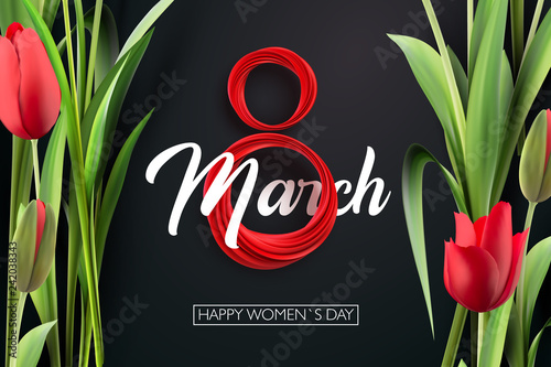 Banner for the International Women's Day. Red tulips and red March 8 on the dark, black background. Vector illustration