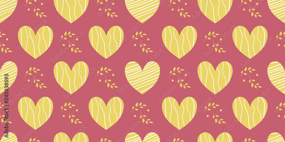 Arrangement of beautiful, hand-decorated hearts with a texture in a line. Vector illustration of a repeating seamless pattern on a light background. Arrangement of beautiful, hand-decorated hearts with a texture in a line. Vector illustration of a repeating seamless pattern on a light background.
