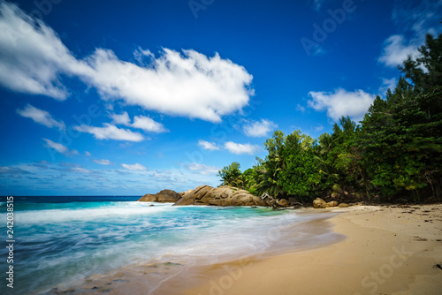 Fototapeta Naklejka Na Ścianę i Meble -  beautiful paradise tropical beach,palms,rocks,white sand,turquoise water, seychelles 29
