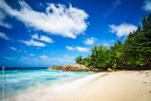 beautiful paradise tropical beach,palms,rocks,white sand,turquoise water, seychelles 31