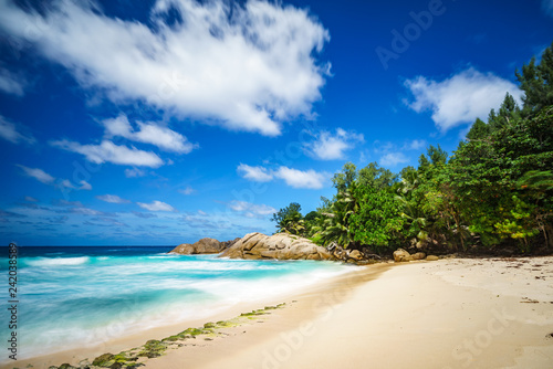 Fototapeta Naklejka Na Ścianę i Meble -  beautiful paradise tropical beach,palms,rocks,white sand,turquoise water, seychelles 32