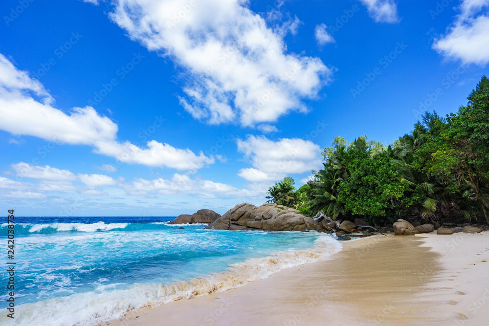 Beautiful tropical beach,palms,white sand,granite rocks,seychelles 21