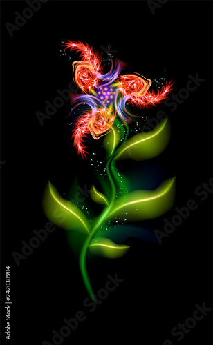 Modern Red colorful glowing flower over black. Trendy ornamental floral fiery element. Beautiful illuminated ornaments with decorative luxury glow for design in vector illustration © Nanotrillion
