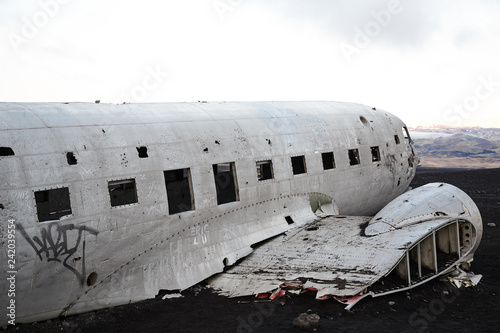 Wreckage of Crashed Airplane DC7 on the Coast of Iceland Black Sand Beach photo