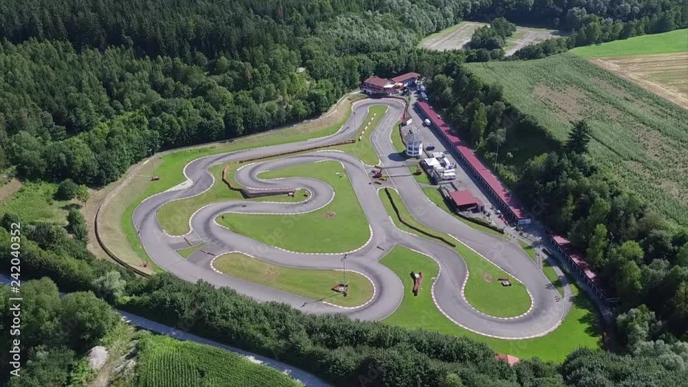 Aerial view of go kart course outdoor in summer 