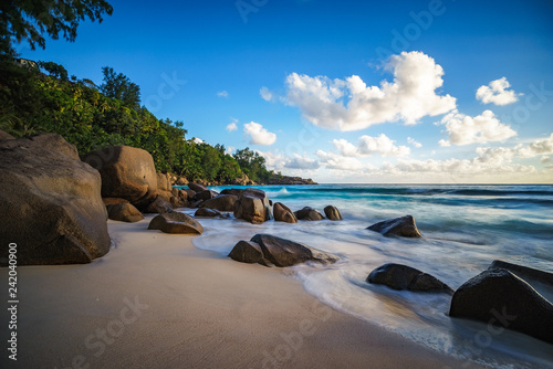 Fototapeta Naklejka Na Ścianę i Meble -  sunset in paradise.shadows of rocks,tropical beach,anse intendance,seychelles 7