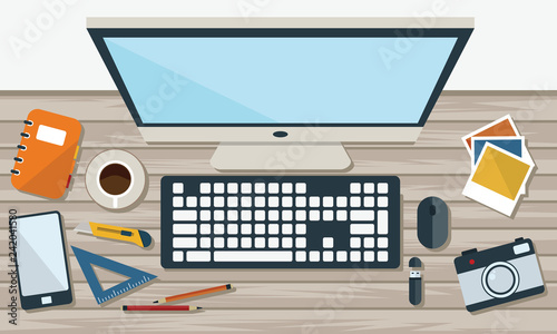 Illustration of office desk and stationary in flat style top view