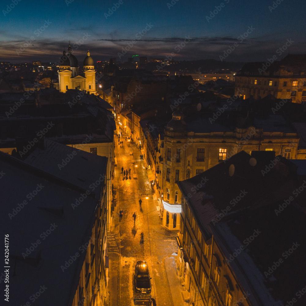 aerial view. sunset over old european city