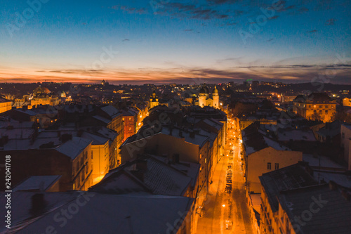 aerial view. sunset over old european city