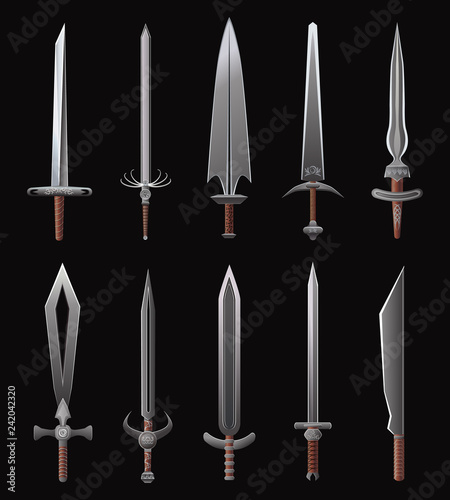 Cartoon Weapon Icons. Vector fantasy illustration set of steel swords and sabers.