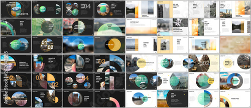 Minimal presentations design, portfolio vector templates with circle elements on black or white. Multipurpose template for presentation slide, flyer leaflet, brochure cover, report, advertising.