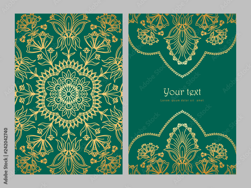 Greeting card golden ethnic patterns on green background