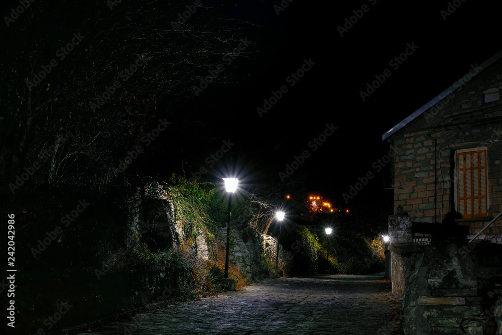 A paved alley in a traditional village at night. Street lights are awaited