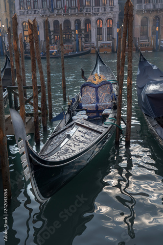 gondola prepared for a ceremony. Magnificent boat ready to parade in the canals of Venice