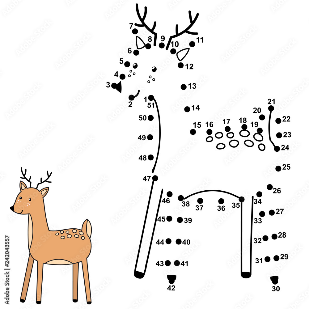 Vecteur Stock Connect the dots and draw a cute deer. Numbers game for children. Vector