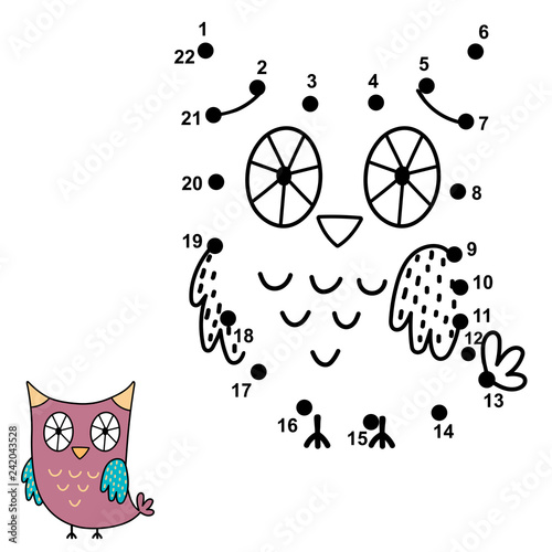 Connect the dots and draw a cute owl. Numbers game for children. Vector illustration