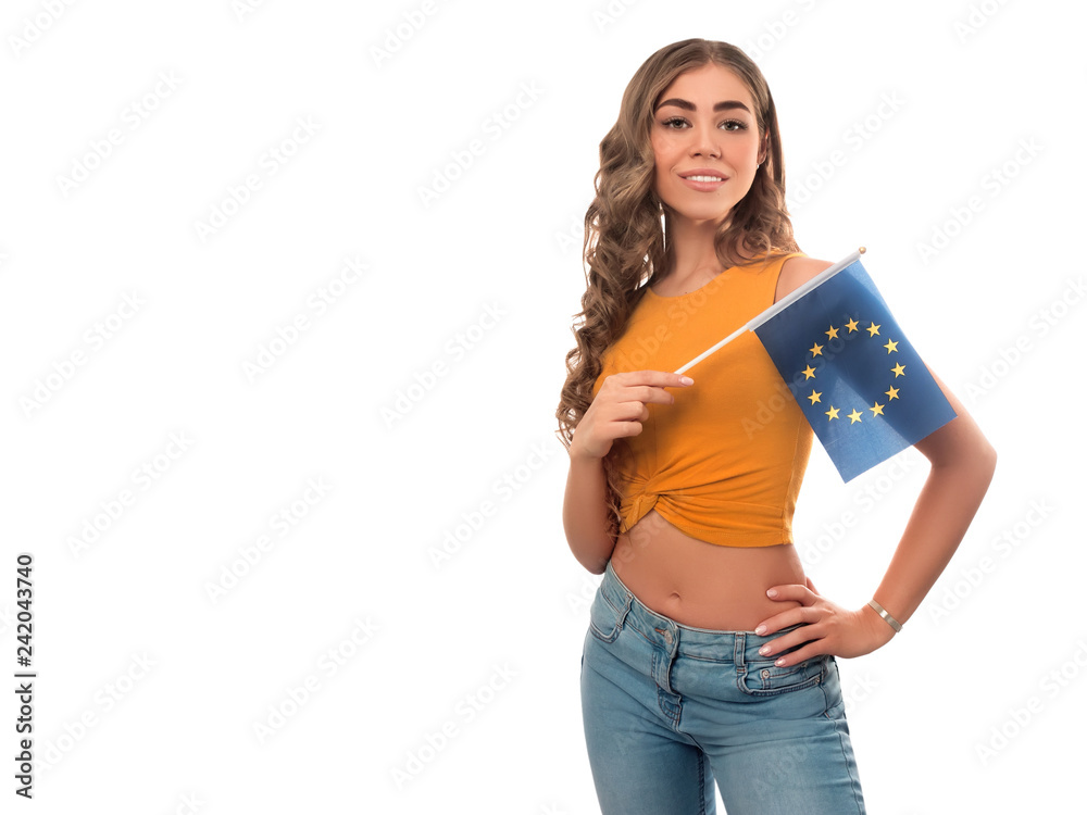 Girl holding european union flag isolated on white background Girl holding european union flag isolated on white background