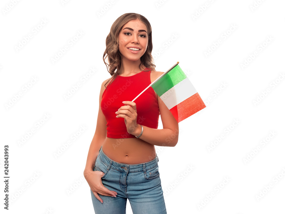 Girl holding Italian flag isolated on white background Girl holding Italian flag isolated on white background