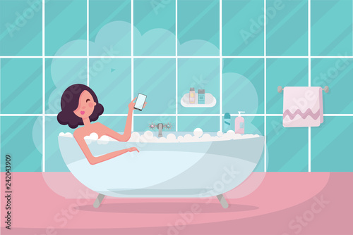 Dark hair girl in bathtub with smartphone in her hand. Bathroom interior with towel and steam. Pretty woman relaxing, taking a bubble bath. Flat cartoon vector illustration