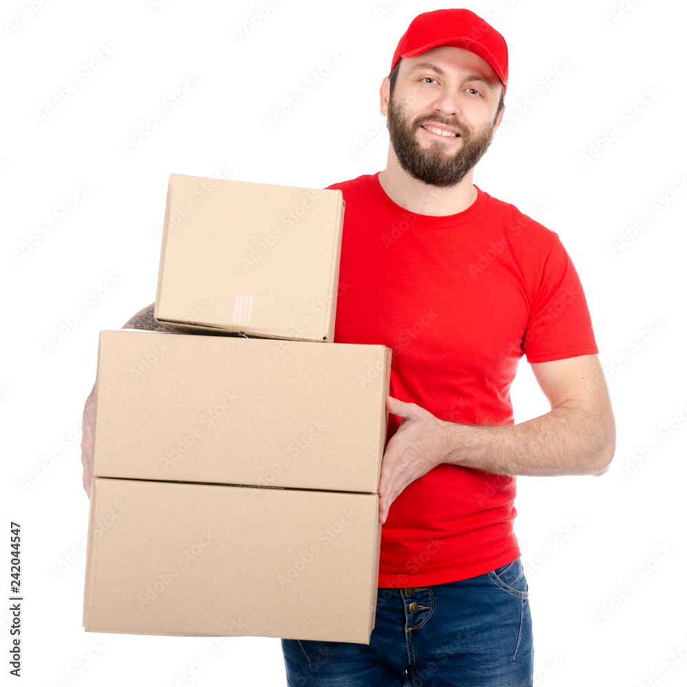 Delivery man in red uniform holding box package isolated on white background Delivery man in red uniform holding box package isolated on white background