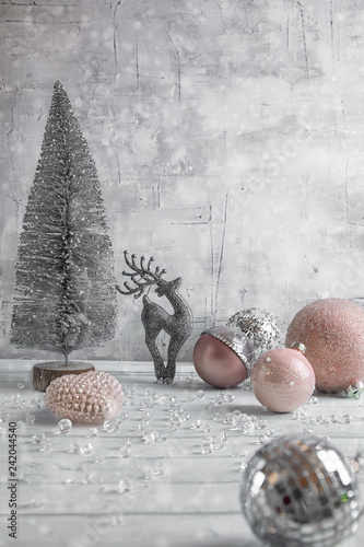 Christmas and new year. Festive decoration for Christmas Christmas toys and twigs of Christmas tree	 photo