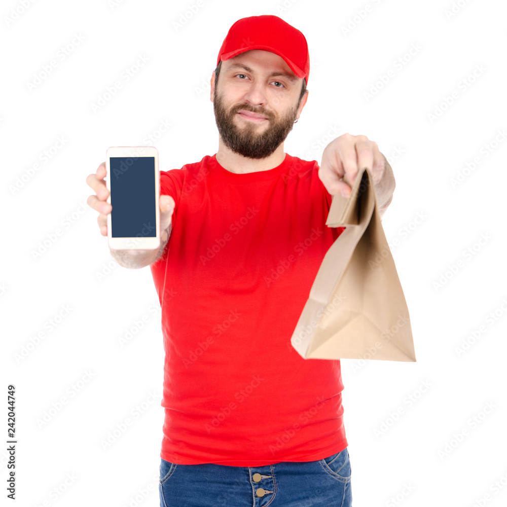 Delivery food man in red uniform holding package on white background isolation Delivery food man in red uniform holding package on white background isolation