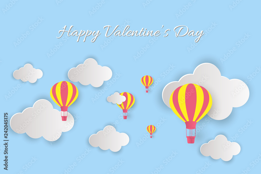 Happy Valentine's Day lettering! Beautiful clouds and air balloons! Abstract paper art 3D vector illustration on blue background. Valentines Day card. 