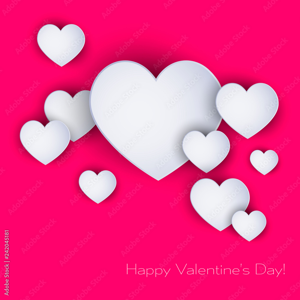 Happy Valentine's Day lettering Vector illustration! Beautiful Heart! Abstract paper art 3D Hearts on pink background 