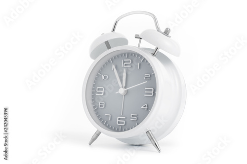 Twin bells analogue alarm clock shows time 5 to 12 with gray clock face, 11.55 AM PM, on white background
