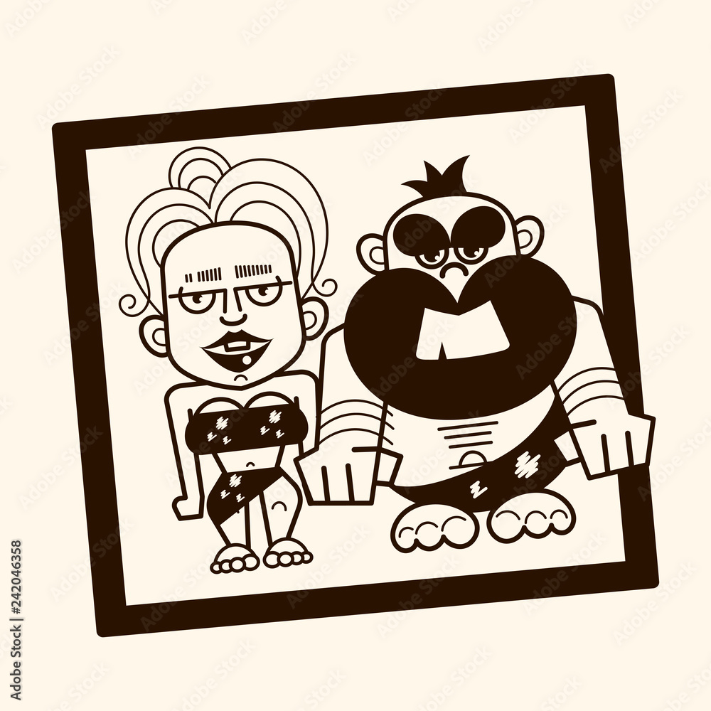 Pair of primitive man and woman dressed in fur clothes and standing together. Romantic couple from Stone Age, Vector illustration