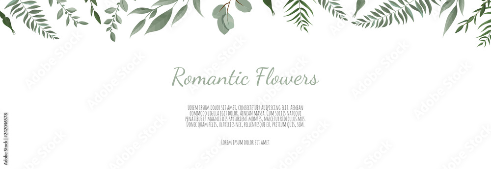 Horisontal botanical vector design banner. Pink rose, eucalyptus, succulents, flowers, greenery. Natural spring card or frame.