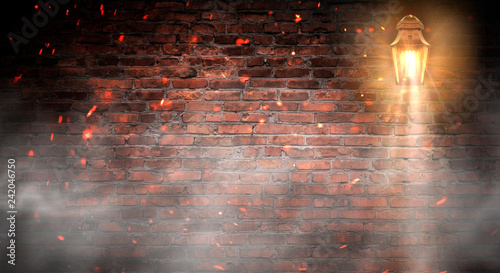 Background of an empty old brick wall. Lantern on the building, night, neon, spotlight, smoke