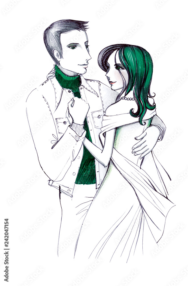 Dancing couple girl and young man. Figure ballpoint pen and green marker Dancing couple girl and young man. Figure ballpoint pen and green marker