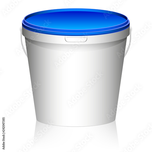 White plastic set bucket with blue lid. Product Packaging For food, foodstuff or paints, primers. MockUp Template For Your Design.