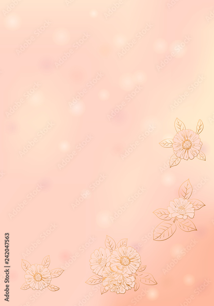 Pink yellow bokeh romantic background. Happy Valentine`s, Mother`s or Women`s day card design. Elegant vector illustration with gold flowers (zinnia, camomile, sunflowers, daisy). Place for text. Pink yellow bokeh romantic background. Happy Valentine`s, Mother`s or Women`s day card design. Elegant vector illustration with gold flowers (zinnia, camomile, sunflowers, daisy). Place for text.