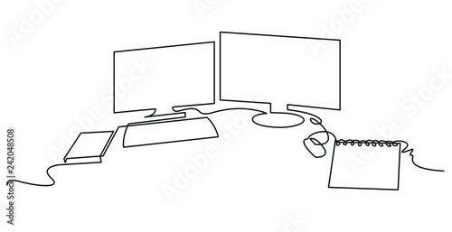 Modern workspace continuous one line vector drawing photo