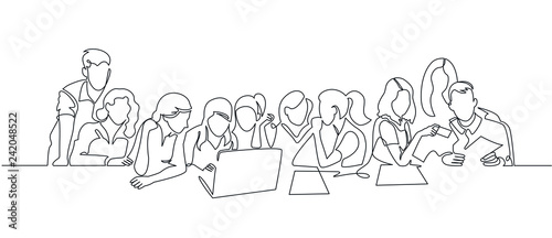 Group of people working continuous one line vector drawing
