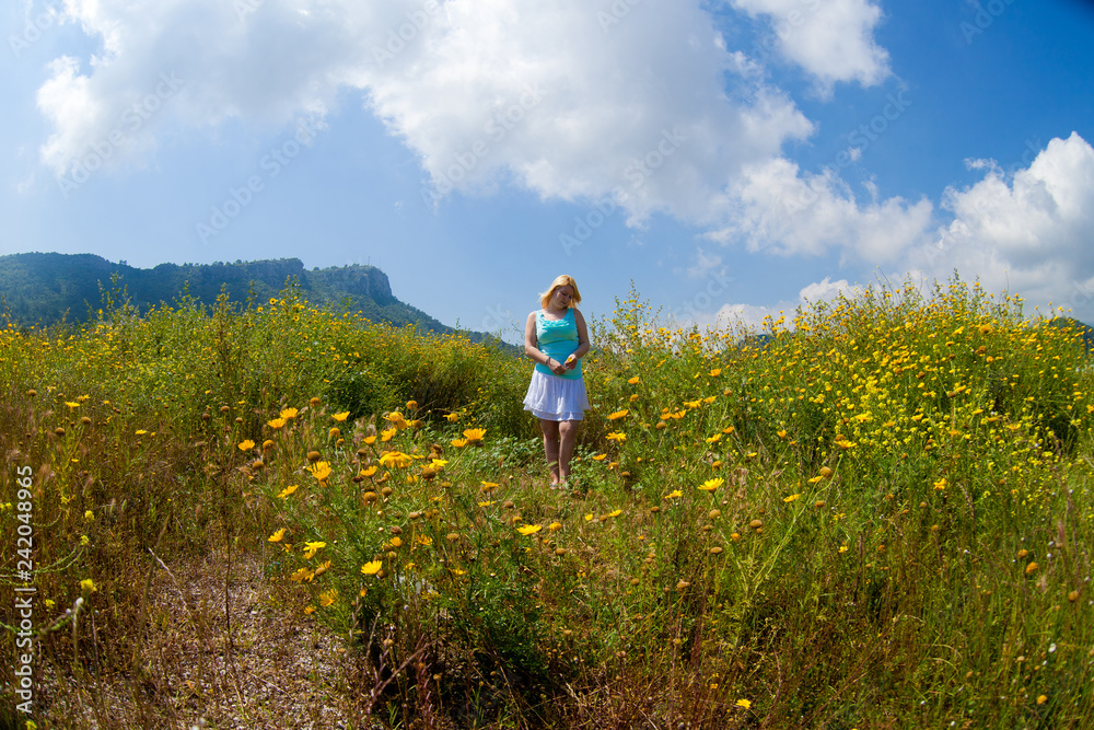 Young beautiful blonde girl in a chamomile field stands posing with a flower in her hands in summer