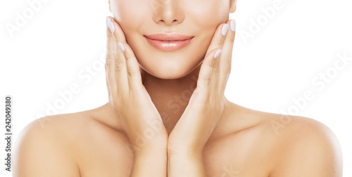 Beauty Face Skin Care, Woman Moisturizing Cheek By Hands, Young Model Isolated over White Background