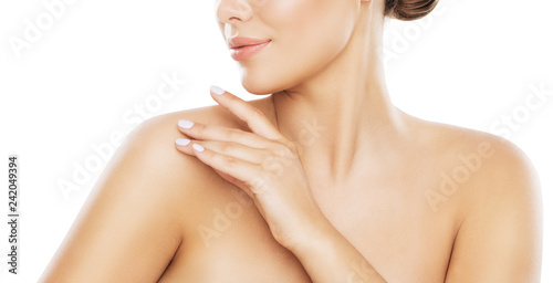 Beauty Shoulder Skin Care  Woman Applying Moisturizer by Hands  Young Model Isolated over White Background