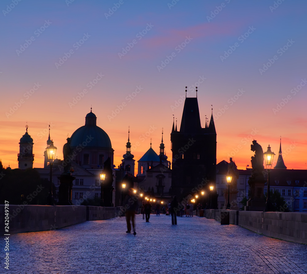 Prague, Charles Bridge early in the morning, panoramic image Prague, Charles Bridge early in the morning, panoramic image
