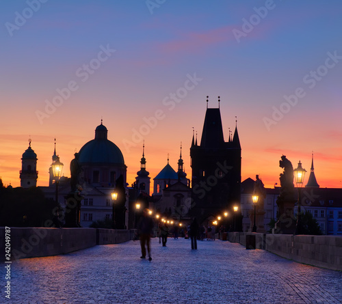 Prague, Charles Bridge early in the morning, panoramic image