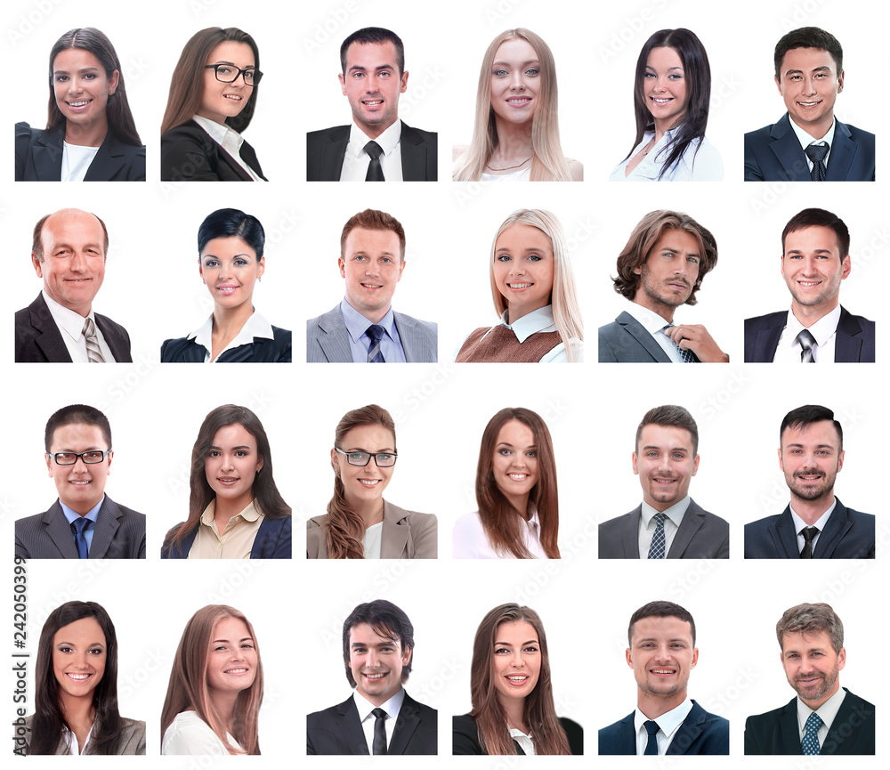 collage of portraits of successful employees isolated on white collage of portraits of successful employees isolated on white